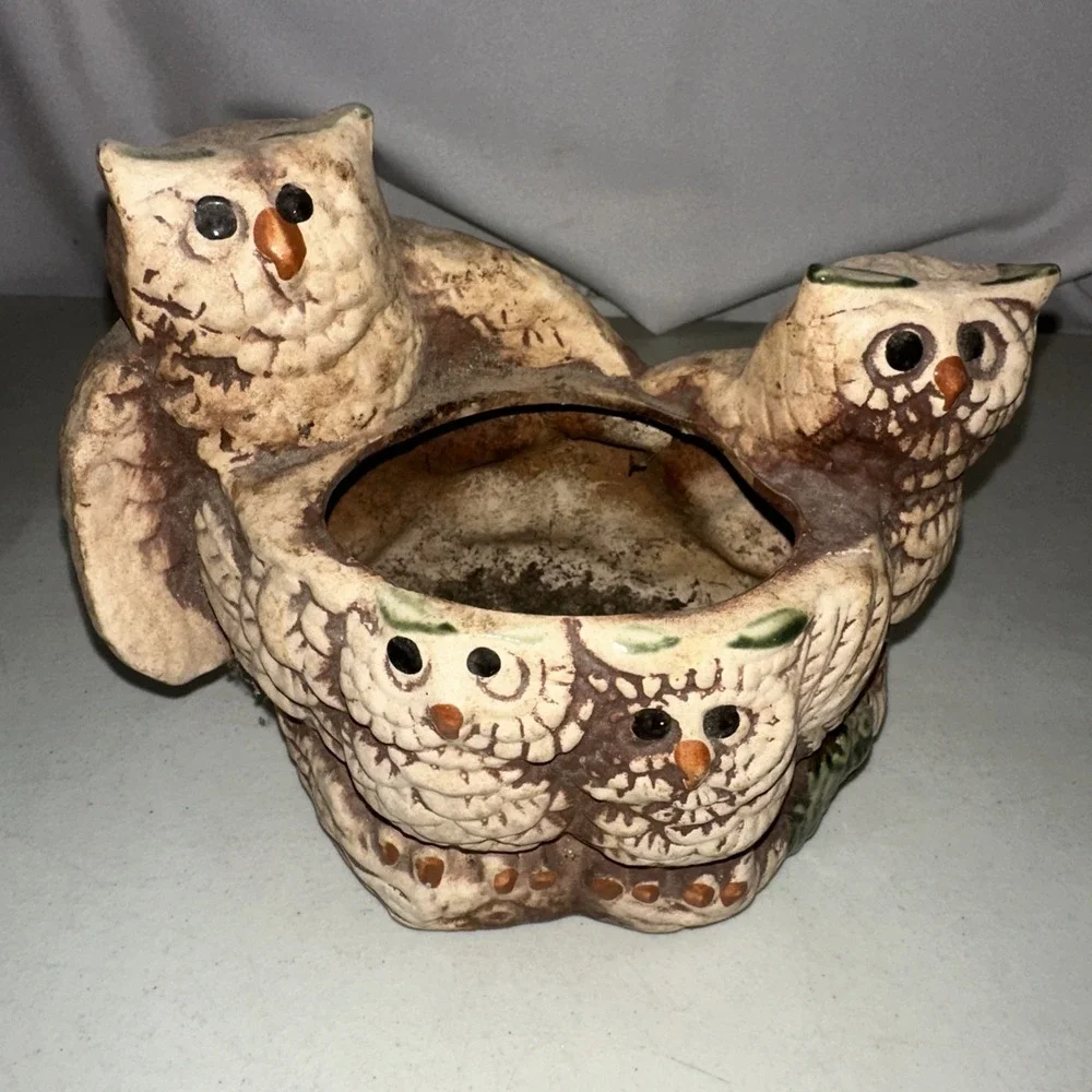 Vintage 70s Ceramic Owl Family Planter Mat Bisque Boho Decor